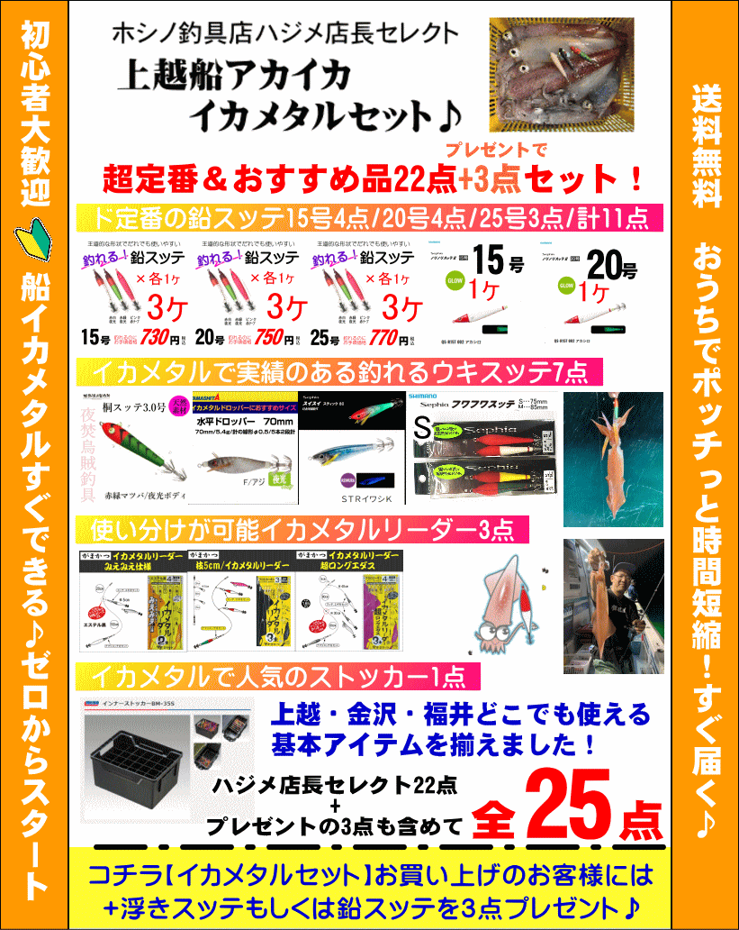 送料無料】ハジメ店長セレクト 上越アカイカ/イカメタルセット/全25点 - ホシノ釣具店オンラインショップ